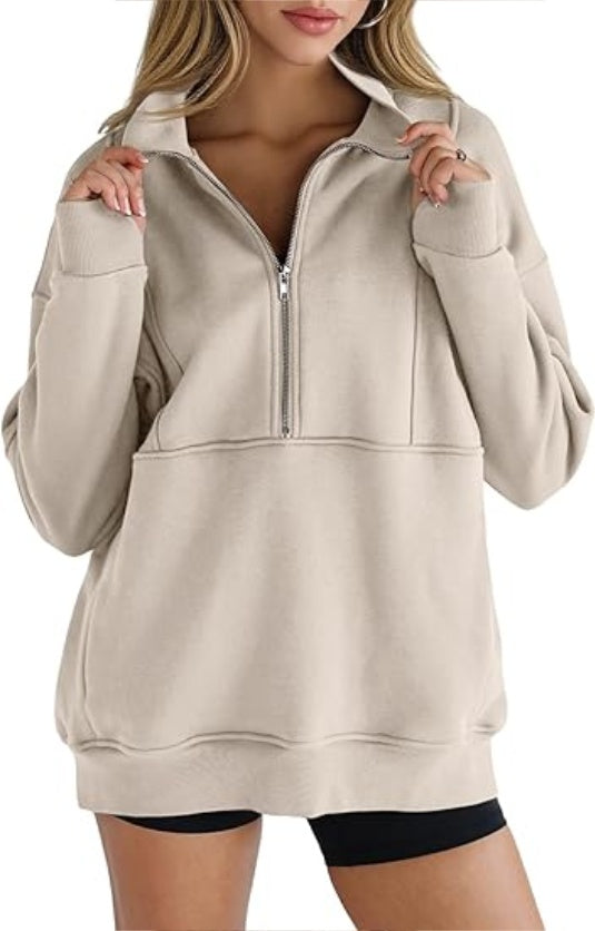 Women's Half Zip Sweatshirts Fleece Stand Collar Long Sleeve Thumb Hole Oversized Pullovers With Pockets