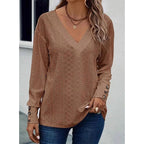 Womens Long Sleeve Eyelet Tops V Neck Fall Shirts Casual Loose Blouses Trendy Clothes