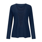 Women's Lace Trim Round Collar Long Sleeves T-Shirt, Breathable Stretch Casual Top For Spring Autumn Blouse & Daily Chic