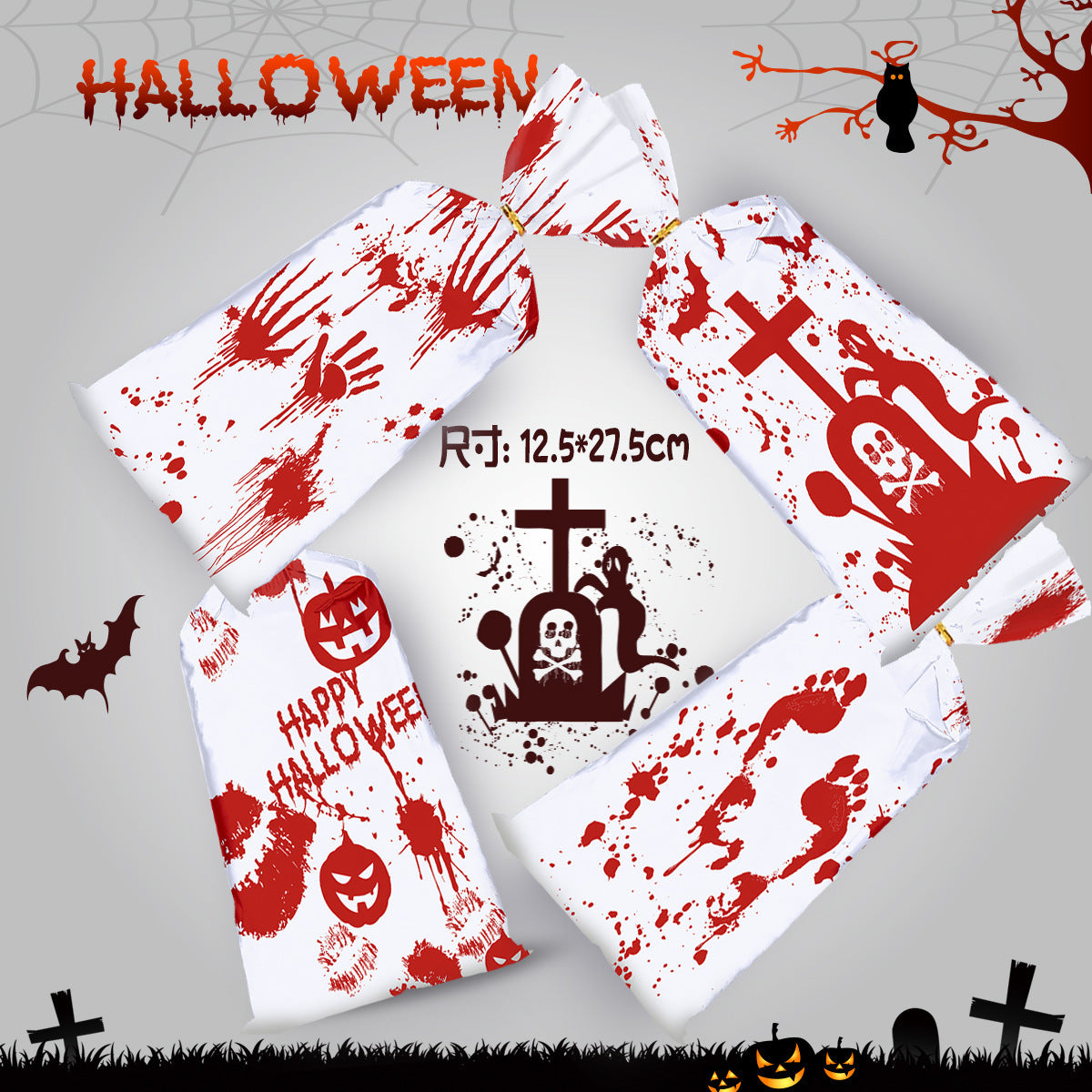 50 PCS Halloween Bloody Treat Bags With Twists Halloween Bloody Hand Pumpkin Themed Cellophane Candy Goodie Bags Ties For Halloween Horror Bloody Theme Party