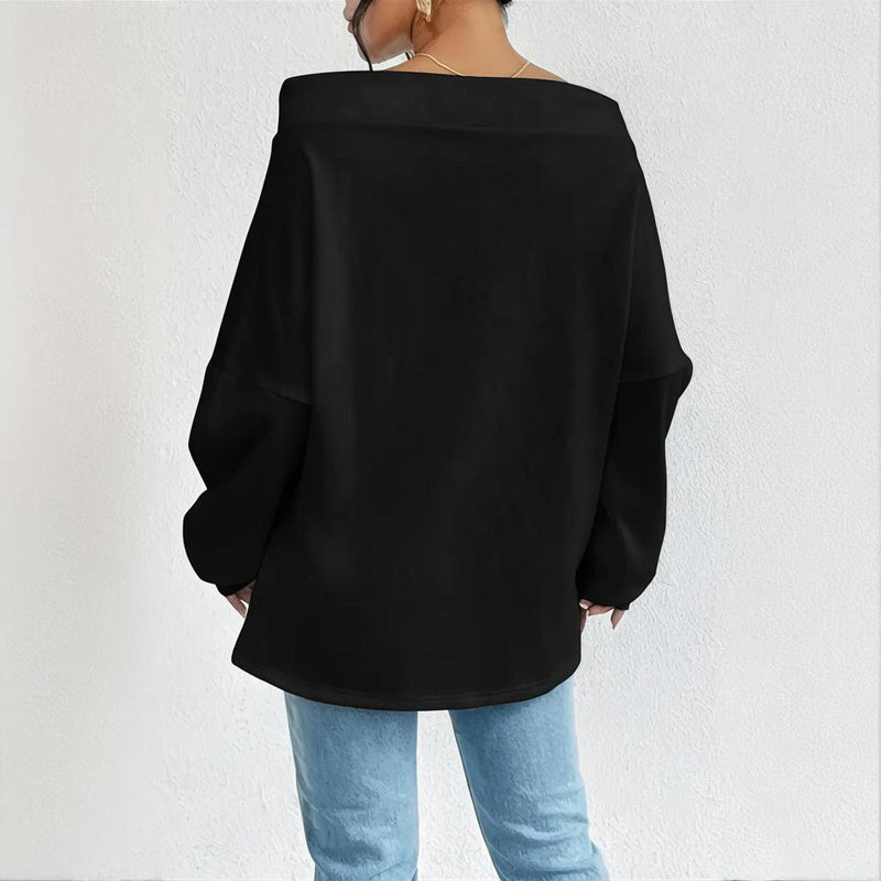 Plus Size Women's Solid Color Off-Shoulder Long Sleeve Pullover With Drawstring - Casual Ribbed Detail Top For Spring&Fall