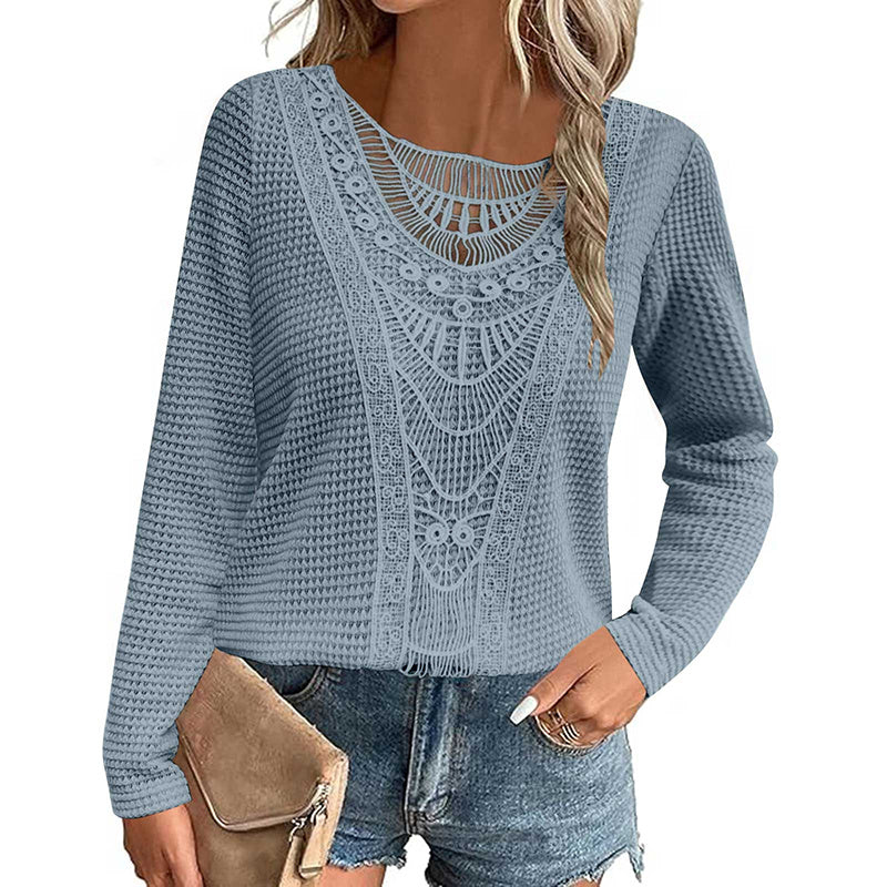 Women's Lace Trim Round Collar Long Sleeves T-Shirt, Breathable Stretch Casual Top For Spring Autumn Blouse & Daily Chic