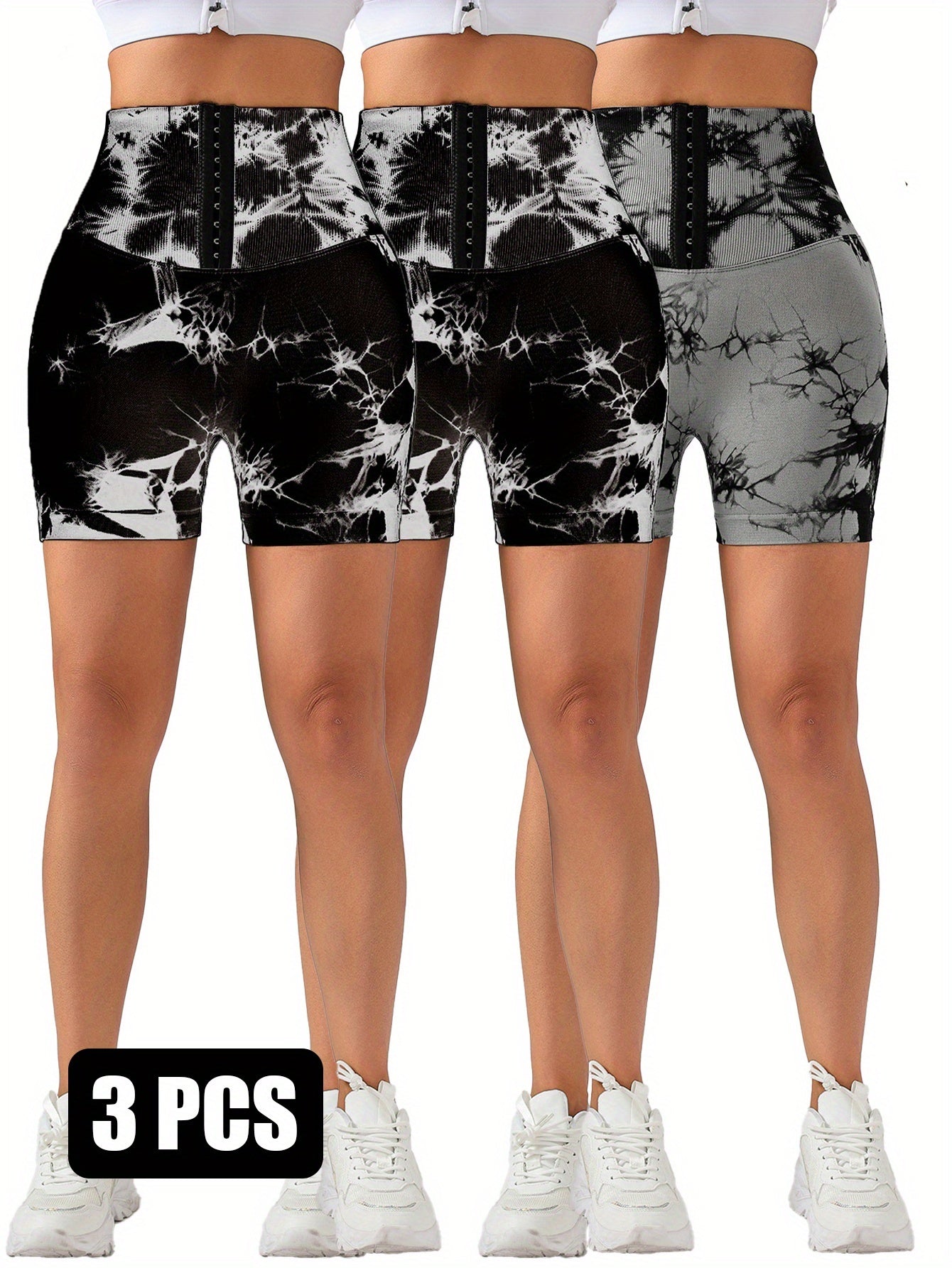 3 Pack 3-ROW HOOK Seamless Tie Dye Tummy Control Leggings Shape Body Slim Scrunch Butt Lifting Fitness Sports Shorts