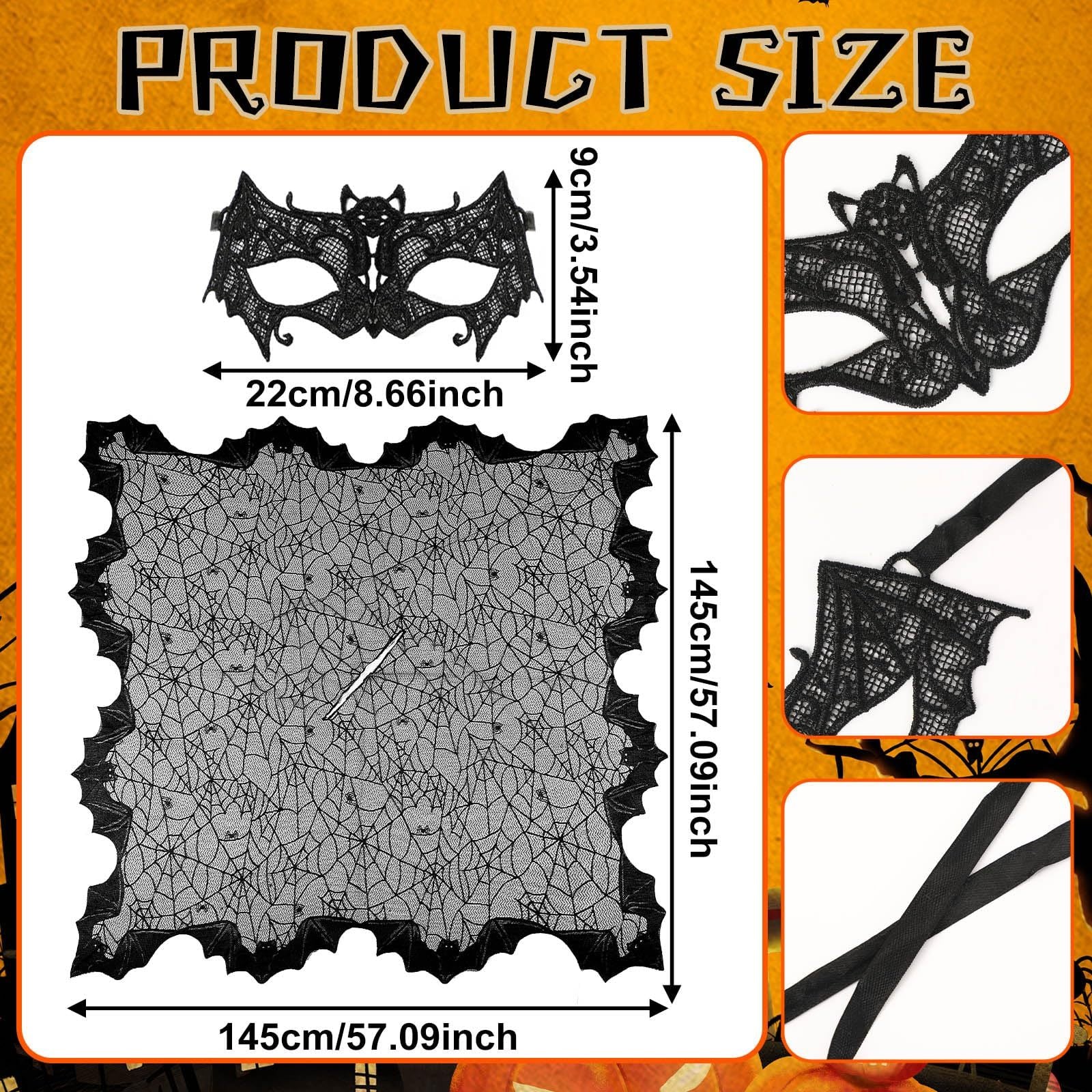 2 Pcs Halloween Poncho For Women Black Bat Spider Web Poncho And Lace Mask Masquerade Mask Halloween Party Cosplay Costume Accessory Day Of The Dead Costume,Cannot Be Listed On Amazon Platform