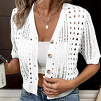 Women's V-Neck Lace Knit Cardigan Short Sleeve Open Front Semi-Sheer Cover-Up For Spring Summer Fall Layering