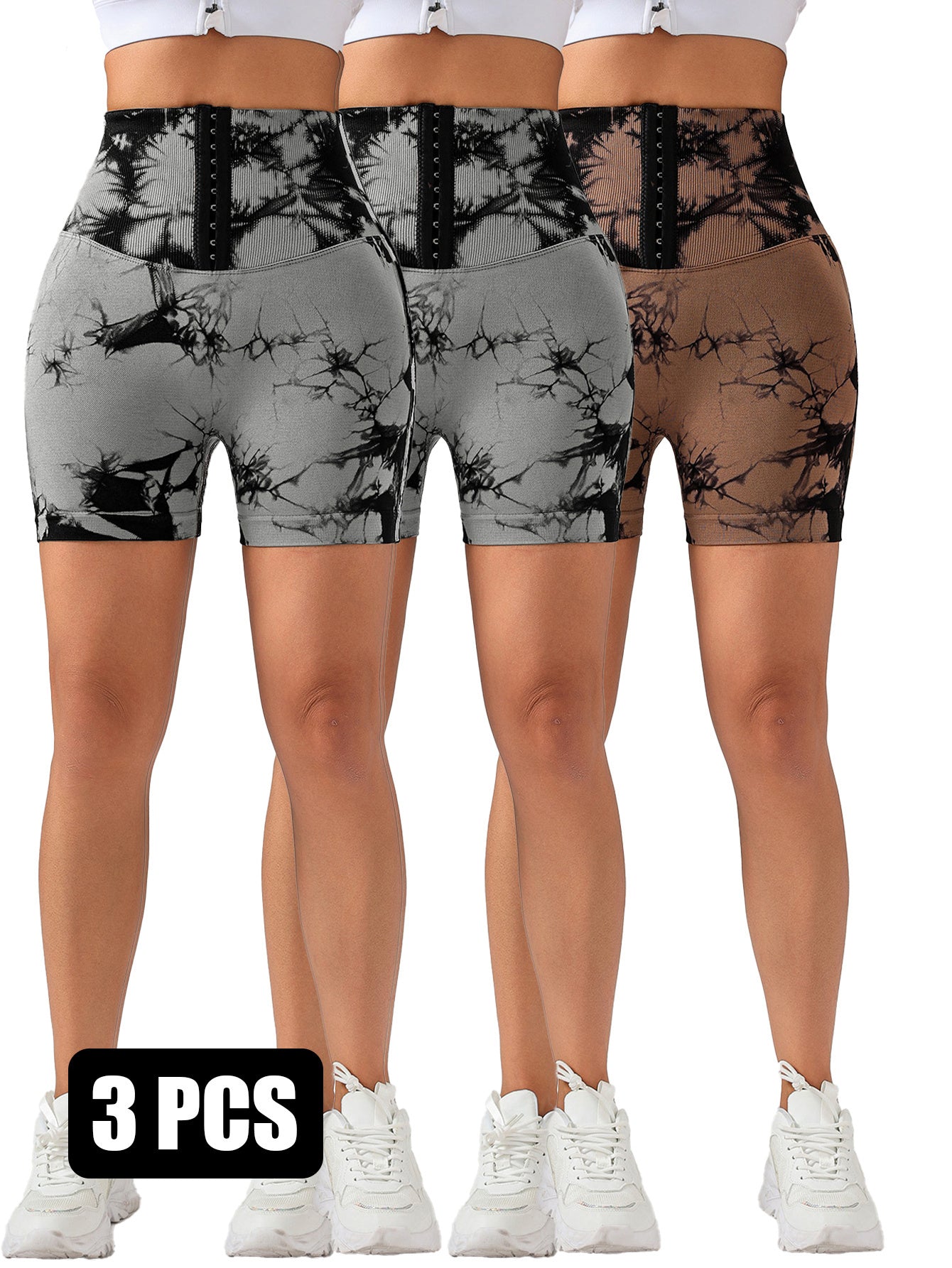 3 Pack 3-ROW HOOK Seamless Tie Dye Tummy Control Leggings Shape Body Slim Scrunch Butt Lifting Fitness Sports Shorts