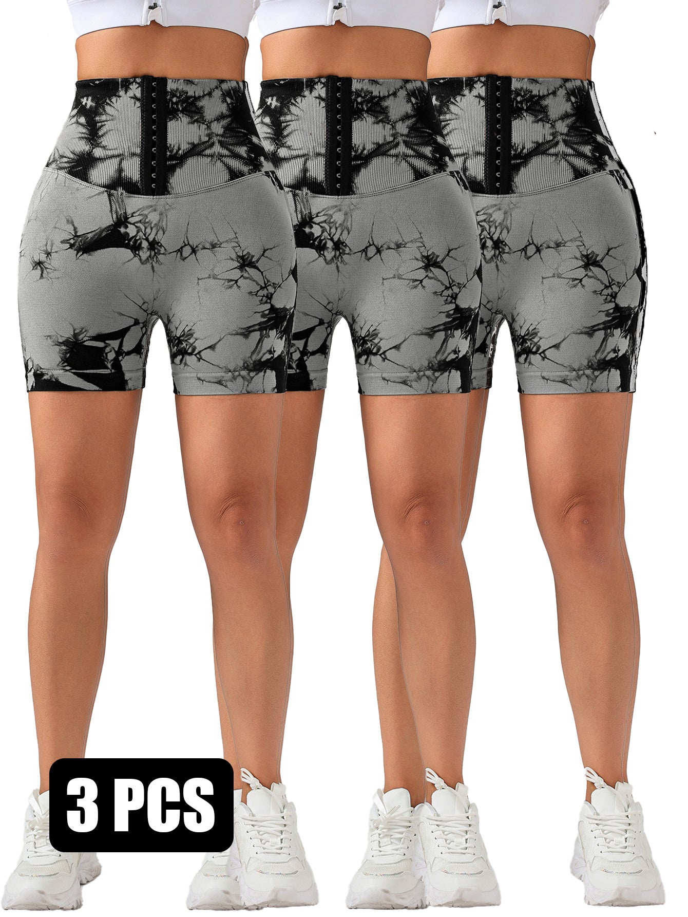 3 Pack 3-ROW HOOK Seamless Tie Dye Tummy Control Leggings Shape Body Slim Scrunch Butt Lifting Fitness Sports Shorts