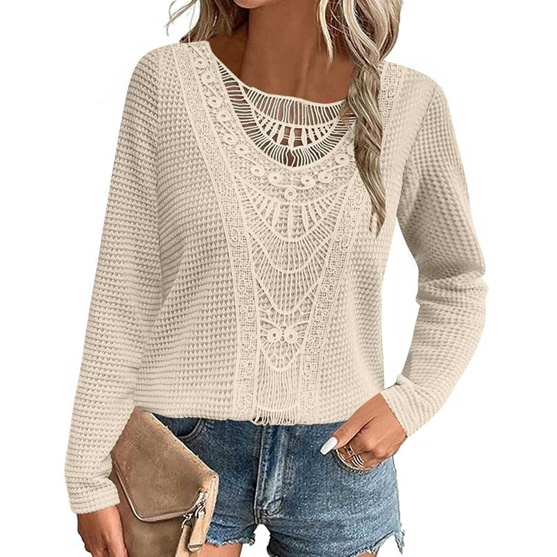 Women's Lace Trim Round Collar Long Sleeves T-Shirt, Breathable Stretch Casual Top For Spring Autumn Blouse & Daily Chic