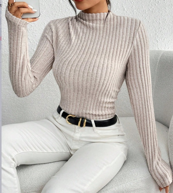 Women's Ribbed Mock Neck Knit Jumpsuit Long Sleeve Slim Casual Jumpsuit, High Neck Ribbed Knit Long Sleeve Women's Bodysuit For Spring And Autumn, Versatile Casual Jumpsuit.