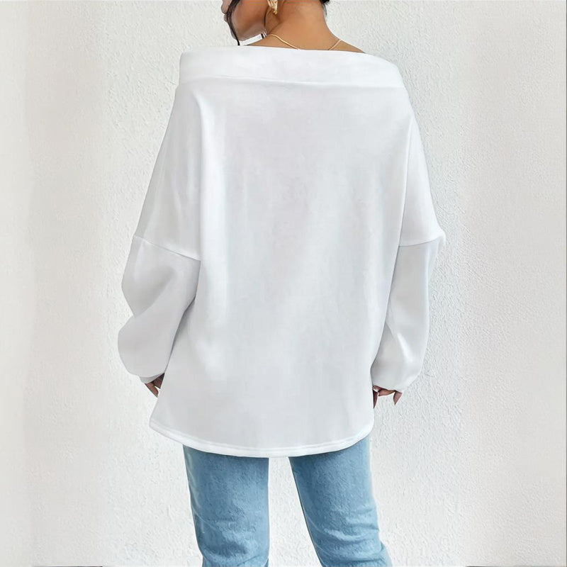 Plus Size Women's Solid Color Off-Shoulder Long Sleeve Pullover With Drawstring - Casual Ribbed Detail Top For Spring&Fall