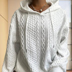 Women's Solid Color Ribbed Design Long Sleeve Hoodie - Loose Fit Drawstring Pullover For Fall & Winter Casual Wear
