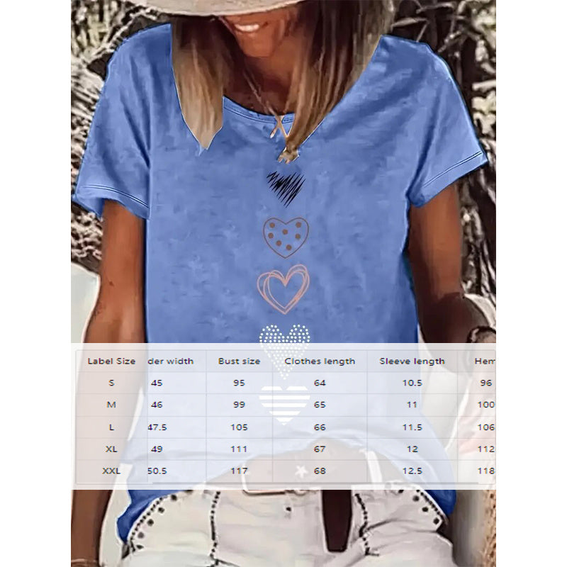 Women's Cute Heart Print T-Shirt Comfortable Round Neck Spring Summer Tee