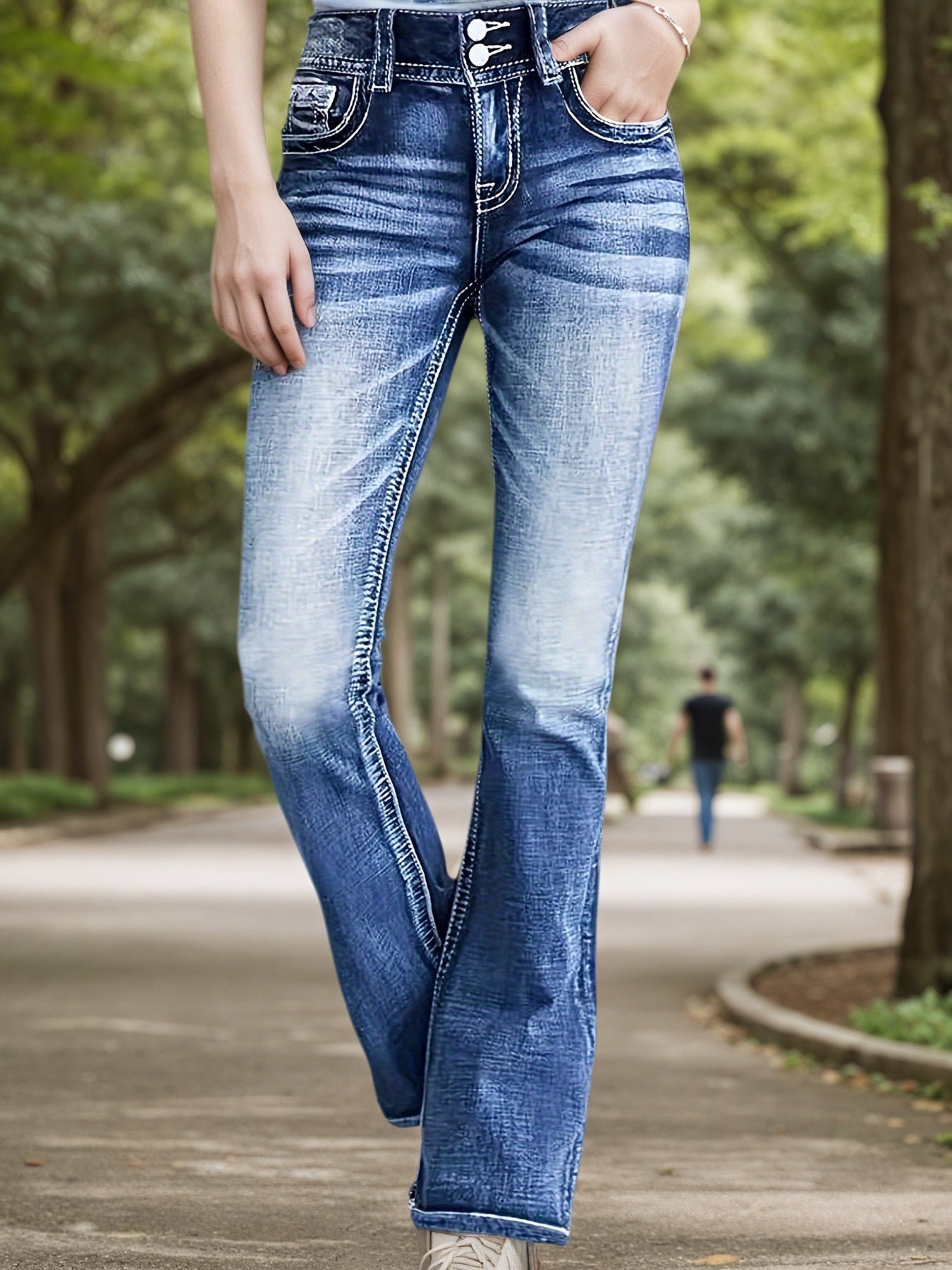 Women's Versatile And Fashionable Stretch Denim Bell Bottoms, Retro Street Style, Comfortable Embroidered Casual Jeans, Suitable For Daily Wear
