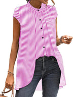 Black And White Striped Fake Two-piece Short-sleeved Shirt, Round-neck Front-buttoned Shirt