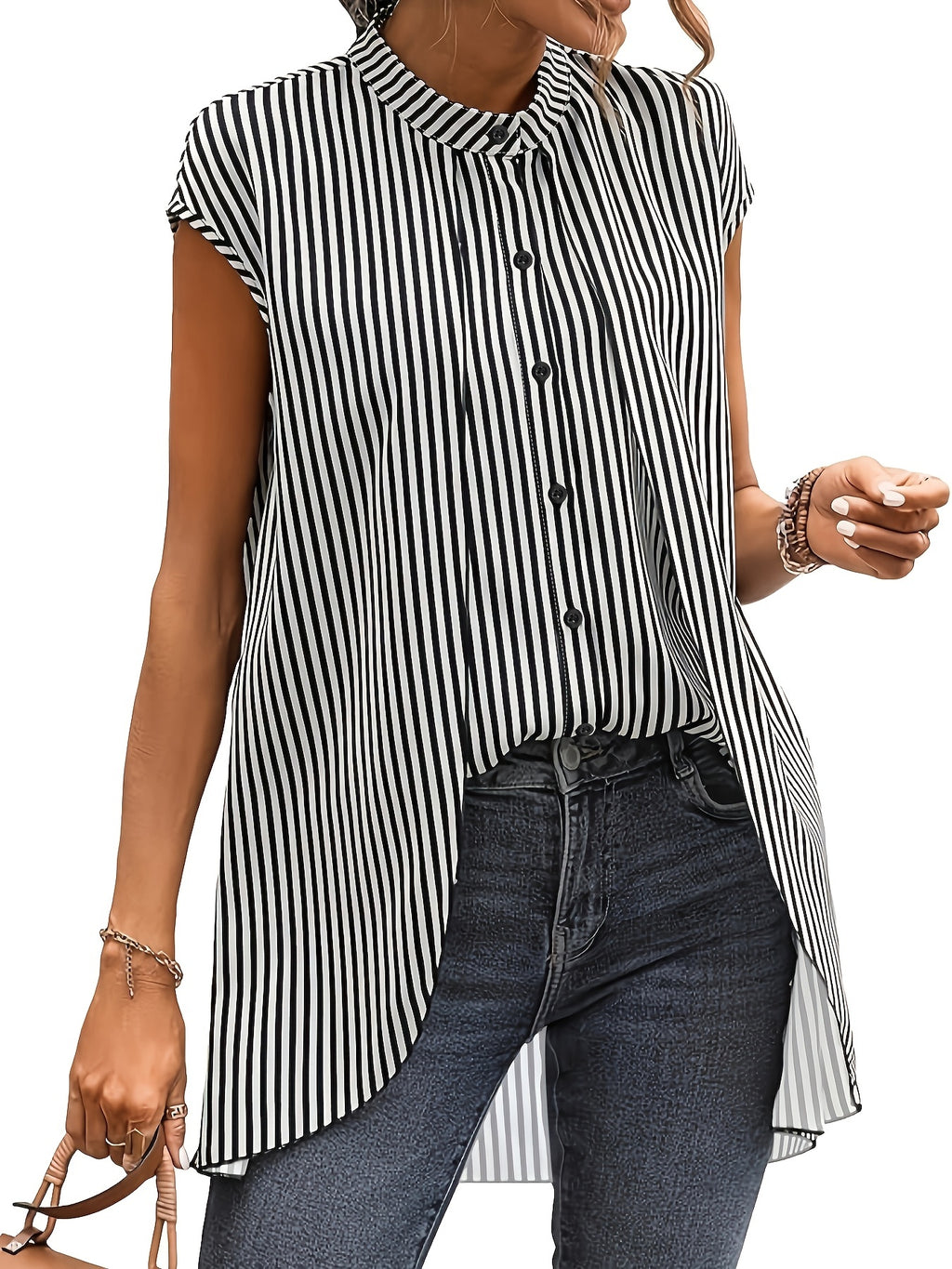 Black And White Striped Fake Two-piece Short-sleeved Shirt, Round-neck Front-buttoned Shirt