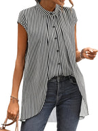 Black And White Striped Fake Two-piece Short-sleeved Shirt, Round-neck Front-buttoned Shirt
