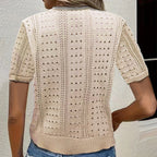 Women's V-Neck Lace Knit Cardigan Short Sleeve Open Front Semi-Sheer Cover-Up For Spring Summer Fall Layering