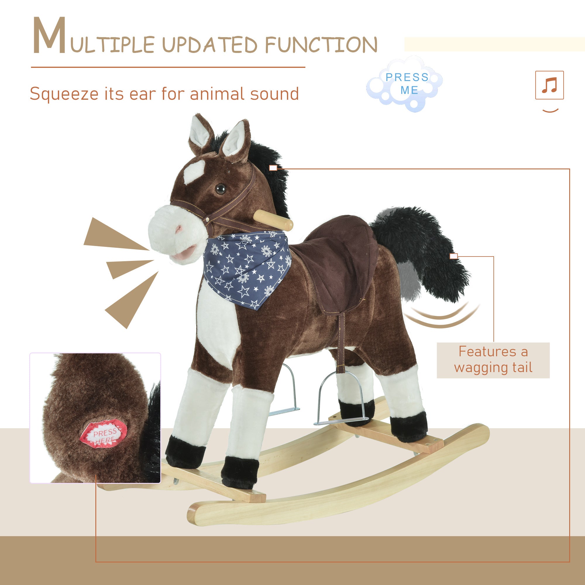 Plush Cowboy Rocking Horse, Wooden Ride-On With Realistic Sounds, Wild West Fun, Brown, For 3-6 Years