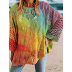 Women's Sunflower Print Sweater Hollow Out Drop Shoulder Crew Neck Long Sleeve Knit Pullover Tops