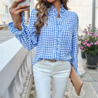 Women's French Style Checkered Button-Up Shirt - Elegant Plaid Pattern, Stand Collar With Ruffled Cuffs, Comfortable Wear