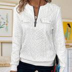 Women's Elegant Solid Color Textured Long Sleeve Sweatshirt With Zipper & Button - Casual Pullover