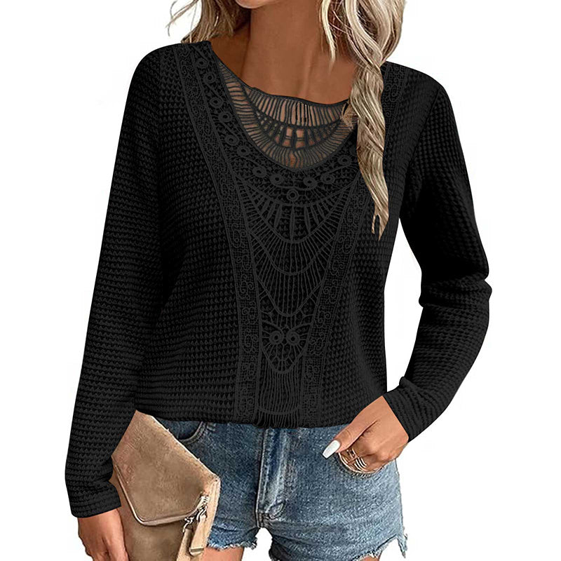 Women's Lace Trim Round Collar Long Sleeves T-Shirt, Breathable Stretch Casual Top For Spring Autumn Blouse & Daily Chic