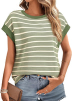 Women's Striped Short Sleeve T-Shirts Casual Loose Fit Color Block Crew Neck Summer Tops