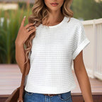 Women's Solid Color Round Neck Short Sleeve Top - Textured Cuff Detail Comfortable Summer Casual Tee