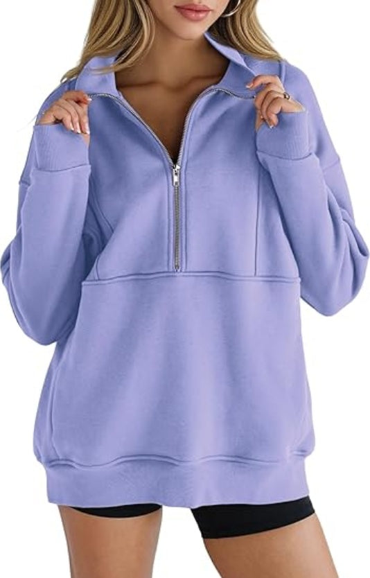 Women's Half Zip Sweatshirts Fleece Stand Collar Long Sleeve Thumb Hole Oversized Pullovers With Pockets