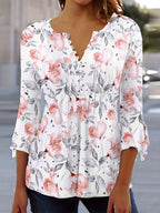 Spring And Autumn New Printed Spike Button Irregular Three-quarter Sleeve T-shirt Casual Top