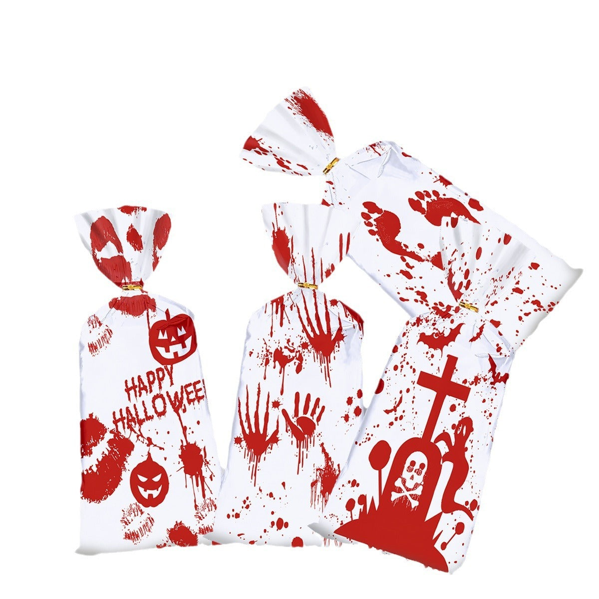 50 PCS Halloween Bloody Treat Bags With Twists Halloween Bloody Hand Pumpkin Themed Cellophane Candy Goodie Bags Ties For Halloween Horror Bloody Theme Party