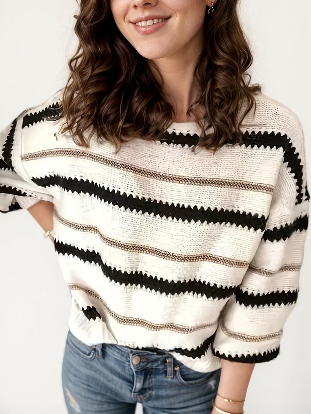 Women's Autumn And Winter Commuting Pullover, Striped Casual Long Sleeved Knitted Sweater