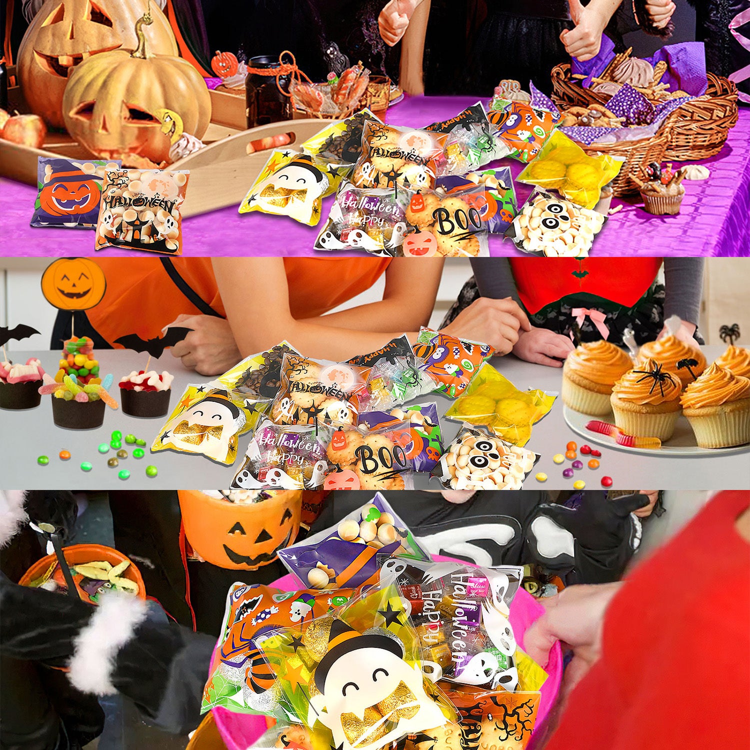 450 Pcs Halloween Cellophane Treat Bags  Self-sealing Clear Candy Cookie Bags Pumpkin Ghost Black Cat Skull Trick Or Treat Bags For Halloween Birthday Trick Or Treat Party Favors Supplies