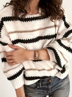 Women's Autumn And Winter Commuting Pullover, Striped Casual Long Sleeved Knitted Sweater