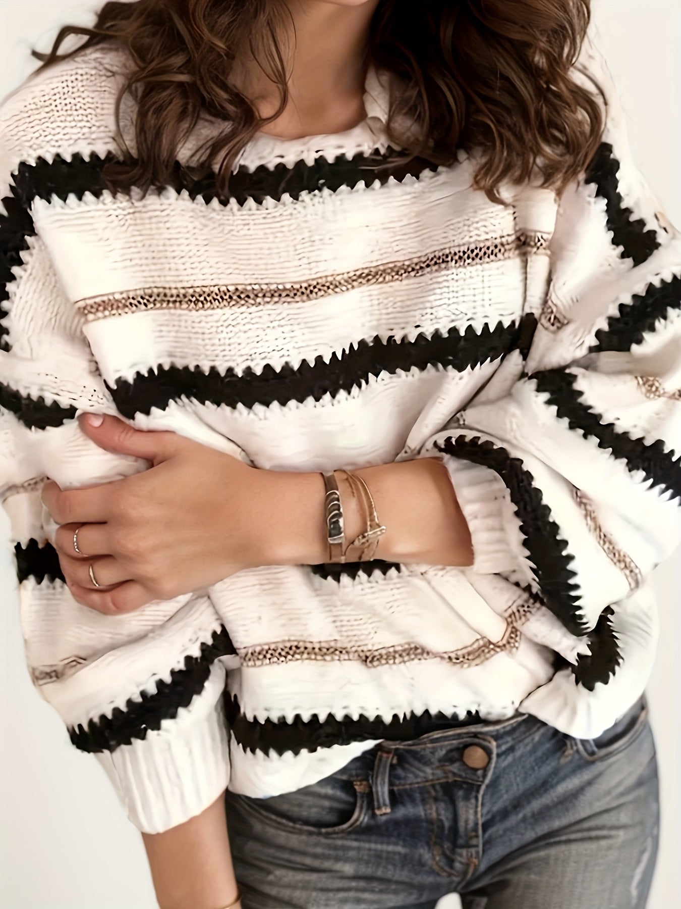Women's Autumn And Winter Commuting Pullover, Striped Casual Long Sleeved Knitted Sweater