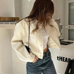 Women's Solid Color Long Sleeve Baseball Jacket With Button Front & Pockets - Casual Short Jacket For Spring&Fall