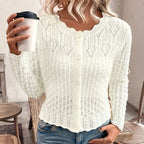 Women's Solid Color Elegant Round Neck Cardigan Top - Button Front Openwork Knit Top For Spring&Summer
