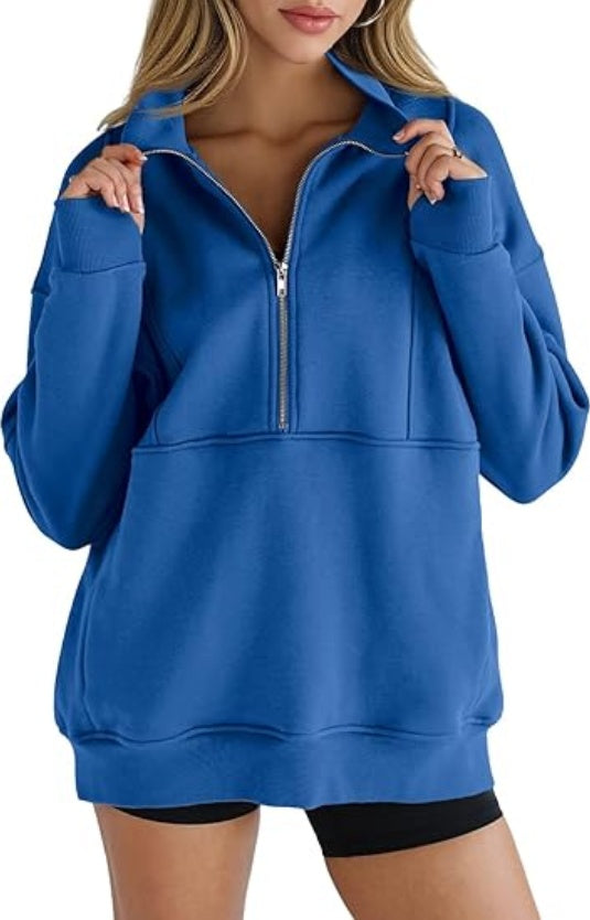 Women's Half Zip Sweatshirts Fleece Stand Collar Long Sleeve Thumb Hole Oversized Pullovers With Pockets