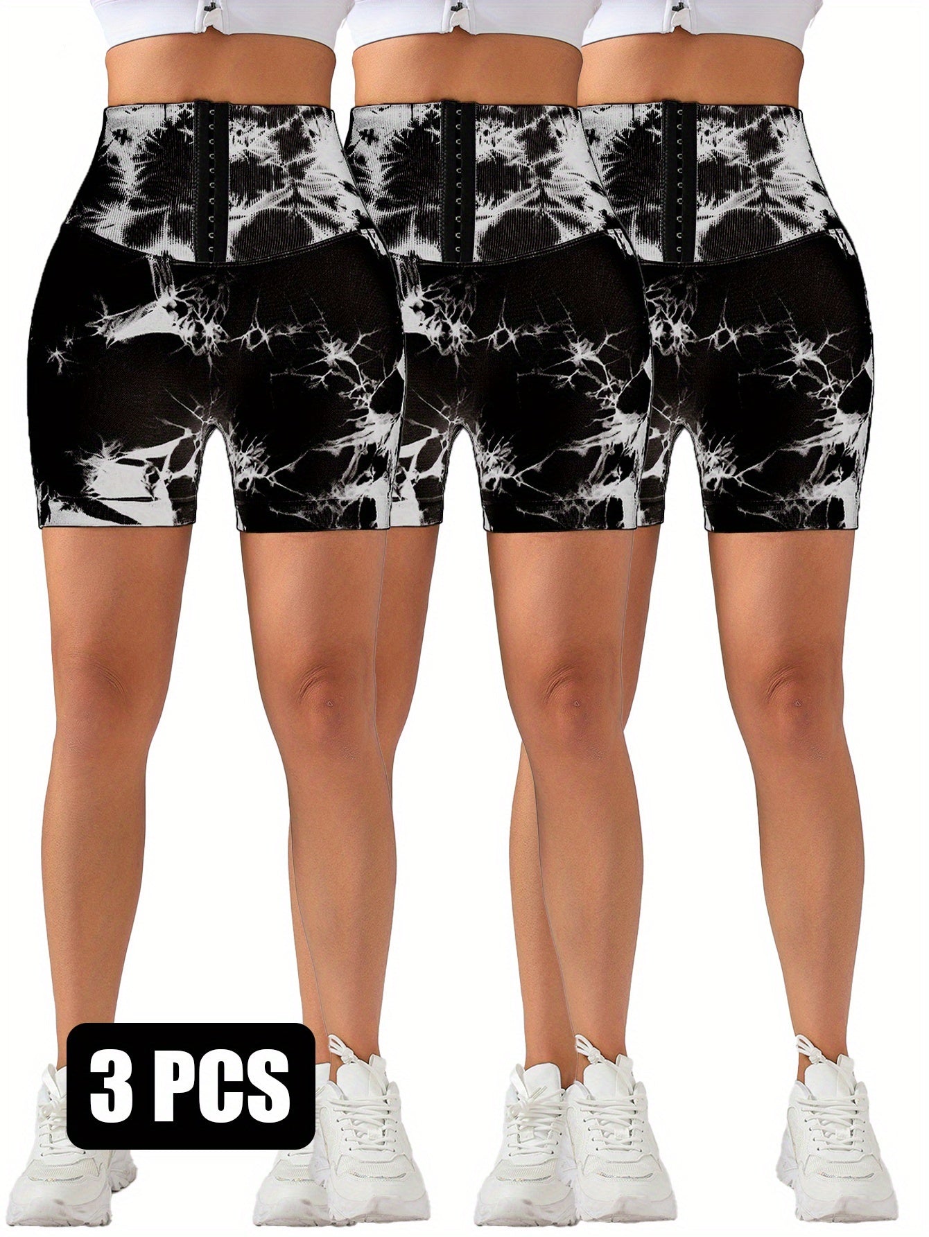 3 Pack 3-ROW HOOK Seamless Tie Dye Tummy Control Leggings Shape Body Slim Scrunch Butt Lifting Fitness Sports Shorts