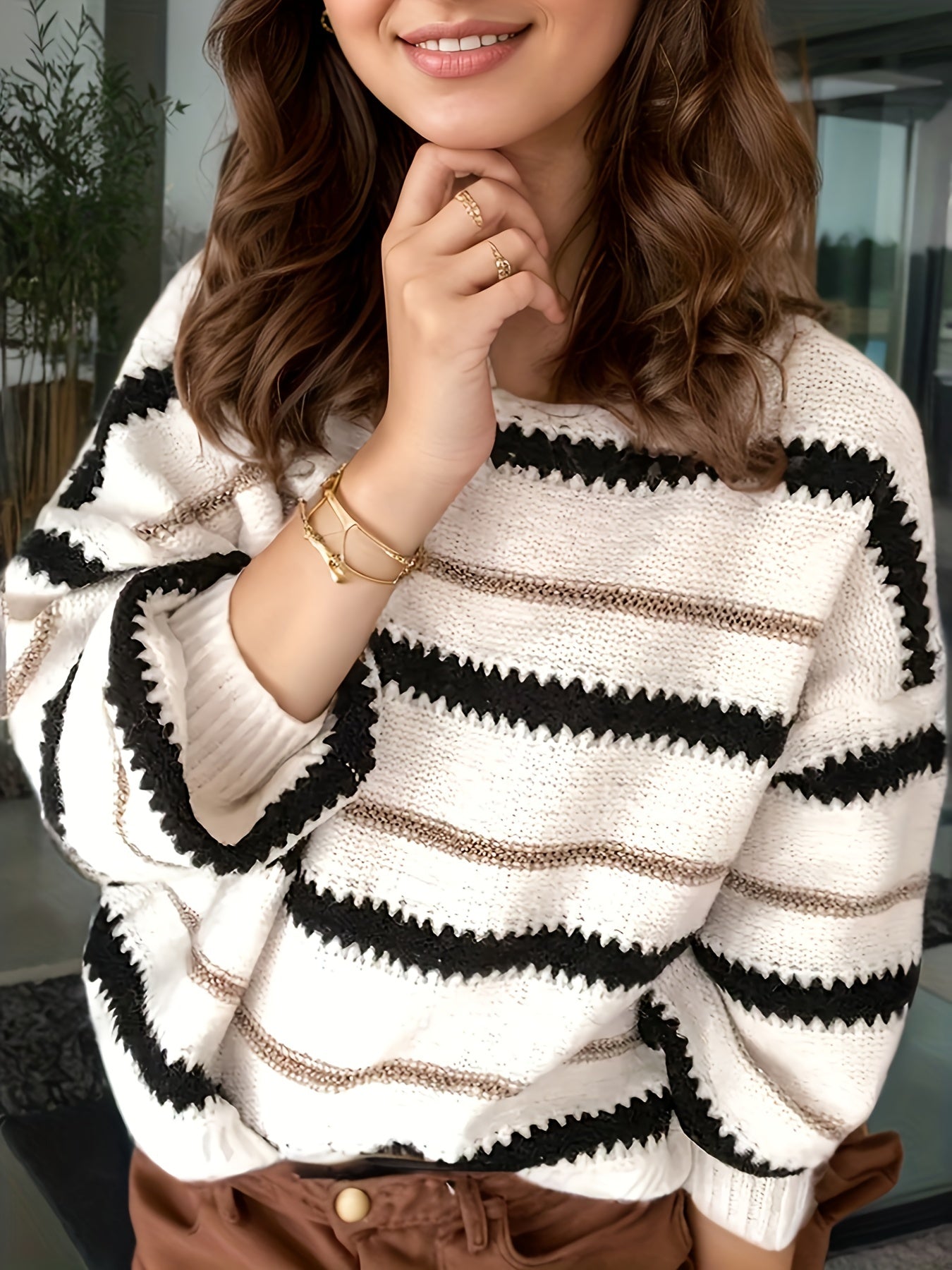 Women's Autumn And Winter Commuting Pullover, Striped Casual Long Sleeved Knitted Sweater