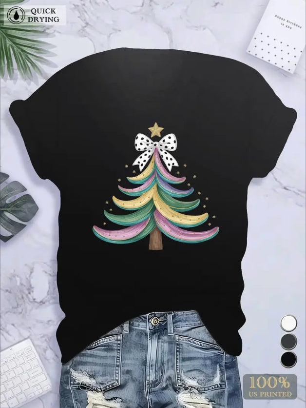 Multicolored Christmas Tree Illustration Women's Plus Size Sports Short Sleeve T-Shirt