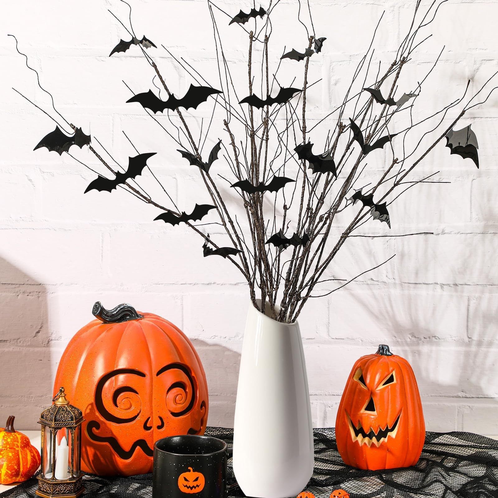 Curly Willow Branches 29.5 Inch Artificial Bendable Stems Black Branches With 36Pcs Halloween Bat Stickers For Halloween Wreath Home Party Decorations--Cannot Be Listed On Amazon Platform