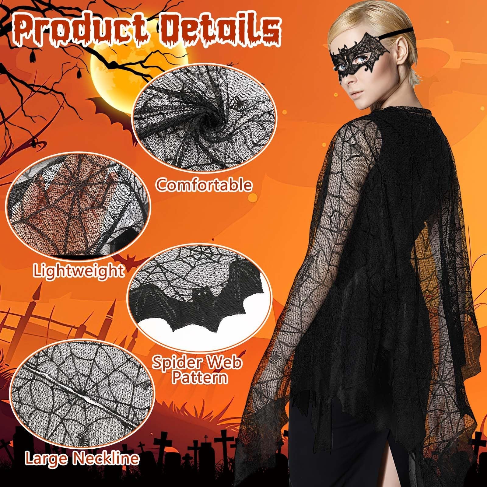 2 Pcs Halloween Poncho For Women Black Bat Spider Web Poncho And Lace Mask Masquerade Mask Halloween Party Cosplay Costume Accessory Day Of The Dead Costume,Cannot Be Listed On Amazon Platform