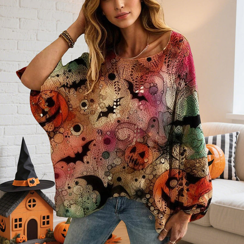 Women's Diamond Hollow Out Batwing Sleeve Top - Loose Fit Pumpkin Halloween Print Blouse For Spring Summer