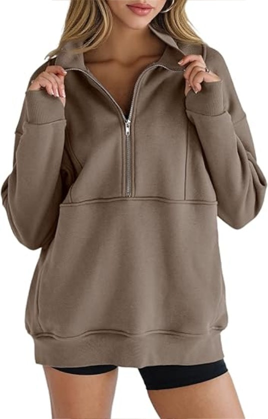 Women's Half Zip Sweatshirts Fleece Stand Collar Long Sleeve Thumb Hole Oversized Pullovers With Pockets
