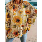 Women's Sunflower Print Sweater Hollow Out Drop Shoulder Crew Neck Long Sleeve Knit Pullover Tops
