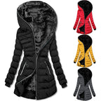 Hooded Warm Fleece Padded Jacket Mid-length Jacket Black Padded Jacket