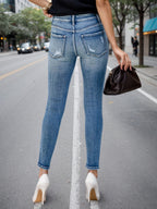 Women's Single Breasted Blue Washed Denim Jeans, High Waisted Elastic Tight Jeans, Fashionable And Casual, Basic Style, Comfortable Version, Versatile And Error Free