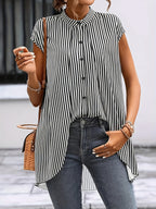 Black And White Striped Fake Two-piece Short-sleeved Shirt, Round-neck Front-buttoned Shirt