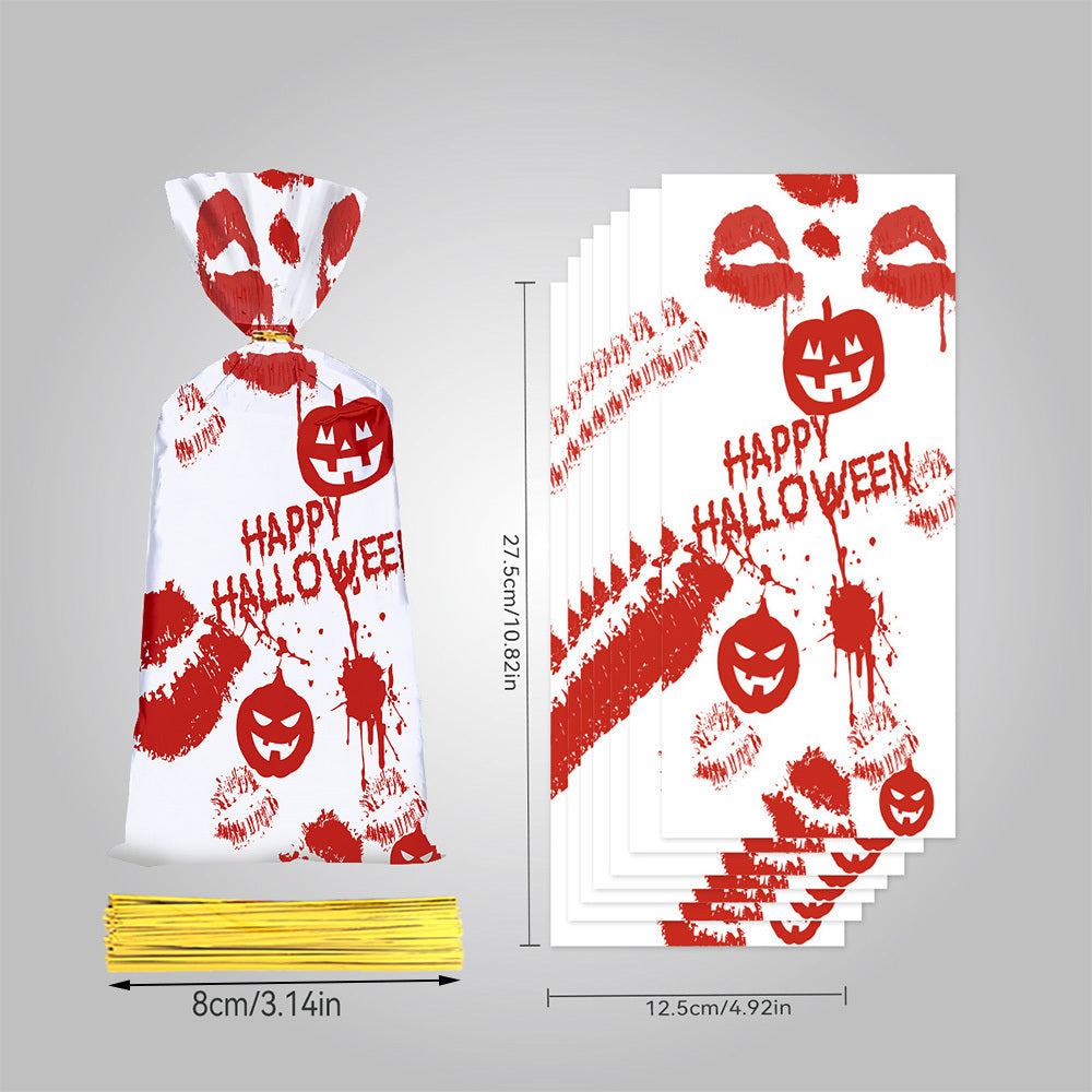 50 PCS Halloween Bloody Treat Bags With Twists Halloween Bloody Hand Pumpkin Themed Cellophane Candy Goodie Bags Ties For Halloween Horror Bloody Theme Party